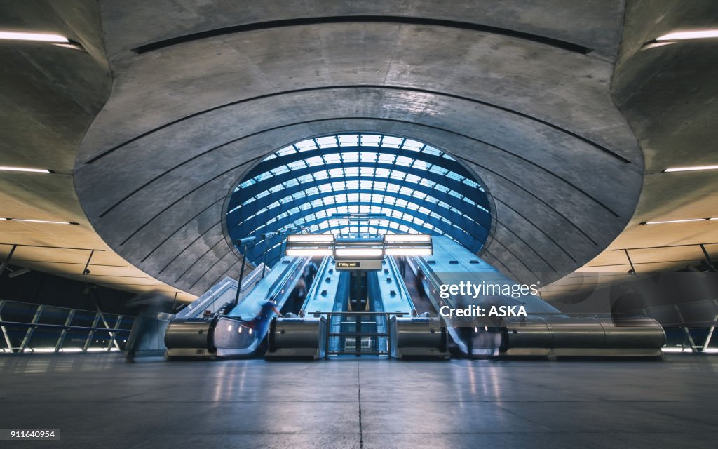 Subway Station Escalators, Canary Wharf, London, England