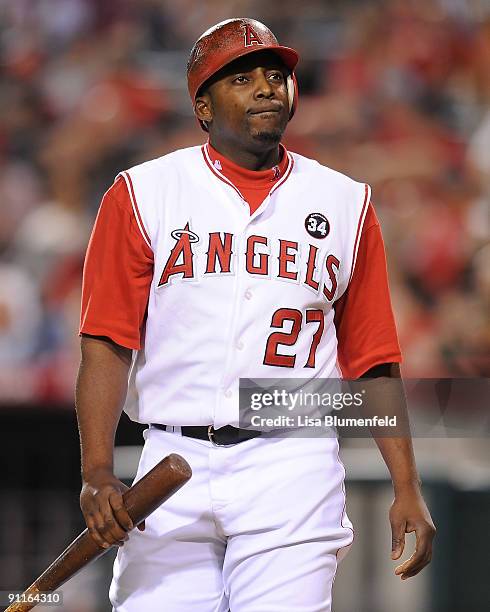 Vladimir Guerrero of the Los Angeles Angels of Anaheim reacts during the game against the Oakland Athletics at Angel Stadium of Anaheim on September...