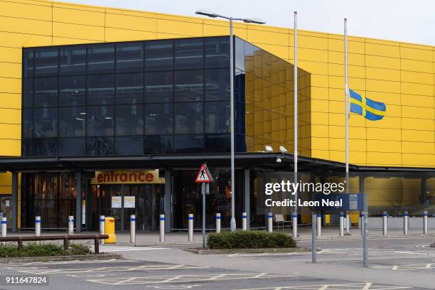 The Swedish flag is flown at half-mast outside a branch of the Ikea furniture store as a tribute to company founder Ingvar Kamprad, on January 29,...