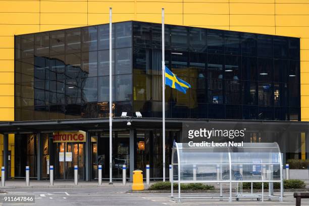 The Swedish flag is flown at half-mast outside a branch of the Ikea furniture store as a tribute to company founder Ingvar Kamprad, on January 29,...