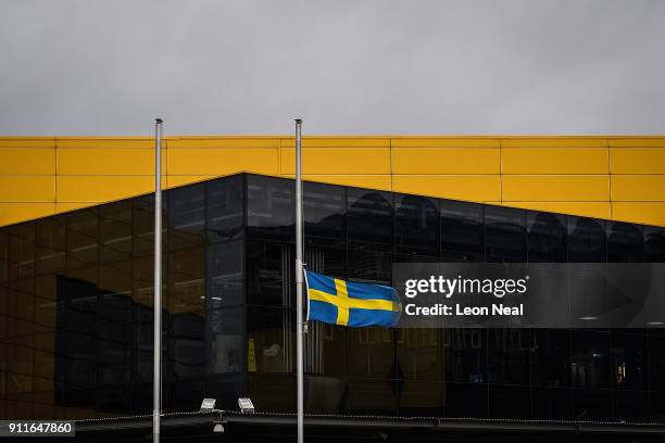 The Swedish flag is flown at half-mast outside a branch of the Ikea furniture store as a tribute to company founder Ingvar Kamprad, on January 29,...