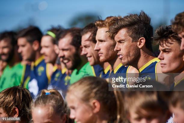 Gamer Tristan White of the Kookaburras sings the national anthem during game one of the International Test Match series between the Australian...