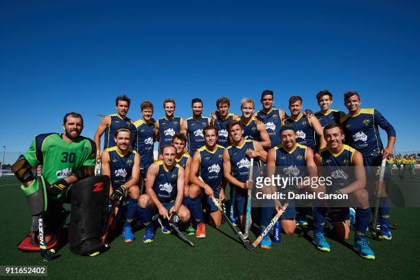 The Kookaburras pose for a photo to mark 100 games by Tristan White of the Kookaburras during game one of the International Test Match series between...