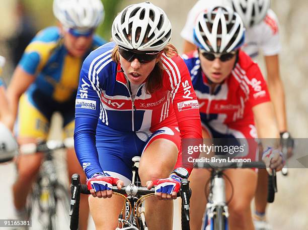 Nicole Cooke of Great Britain rides in front of team mate Katie Colclough in the Elite Women's Road Race on September 26, 2009 in Mendrisio,...