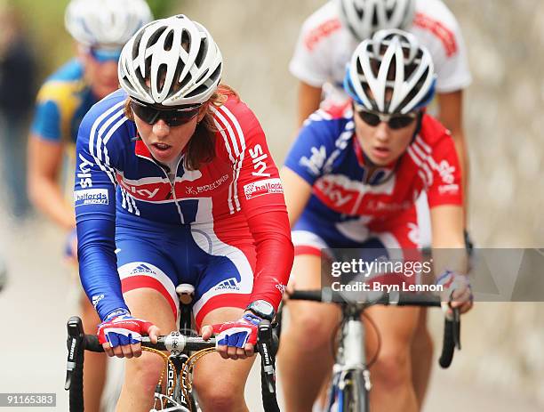 Nicole Cooke of Great Britain rides in front of team mate Katie Colclough in the Elite Women's Road Race on September 26, 2009 in Mendrisio,...