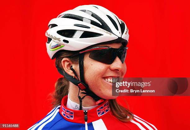 Nicole Cooke of Great Britain arrives at the start line of at the 2009 UCI Road World Championships Elite Women's Road Race on September 26, 2009 in...