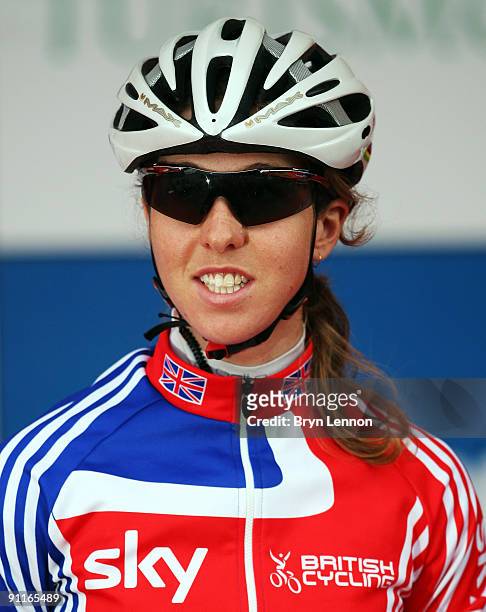 Nicole Cooke of Great Britain arrives at the start line of at the 2009 UCI Road World Championships Elite Women's Road Race on September 26, 2009 in...