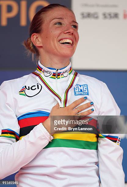 Tatiana Guderzo of Italy stands on the podium with her medal after winning the Elite Women's Road Race at the 2009 UCI Road World Championships on...