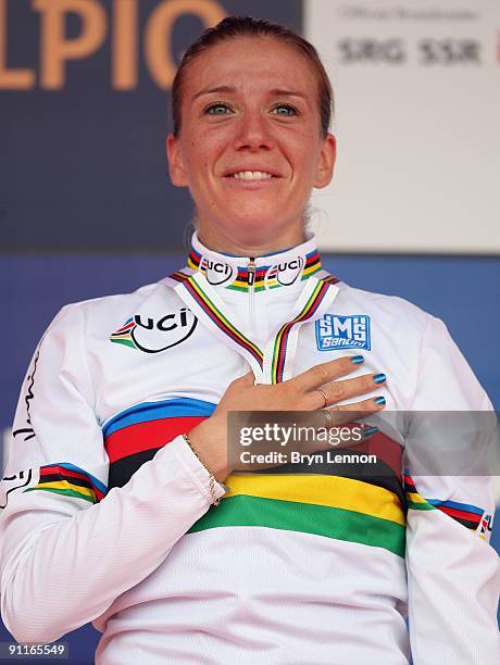 Tatiana Guderzo of Italy stands on the podium with her medal after winning the Elite Women's Road Race at the 2009 UCI Road World Championships on...