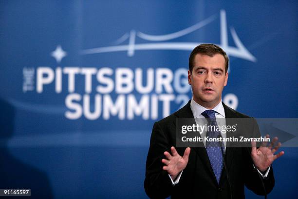 Russian President Dmitry Medvedev holds a news conference during the G-20 Summit September 25, 2009 in Pittsburgh, Pennsylvania. Heads of state from...