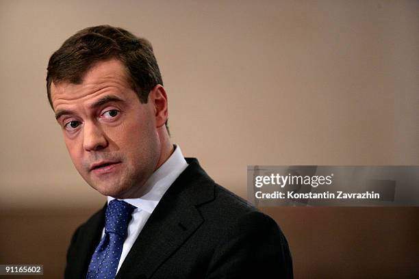 Russian President Dmitry Medvedev holds a news conference during the G-20 Summit September 25, 2009 in Pittsburgh, Pennsylvania. Heads of state from...