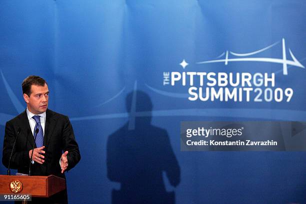 Russian President Dmitry Medvedev holds a news conference during the G-20 Summit September 25, 2009 in Pittsburgh, Pennsylvania. Heads of state from...
