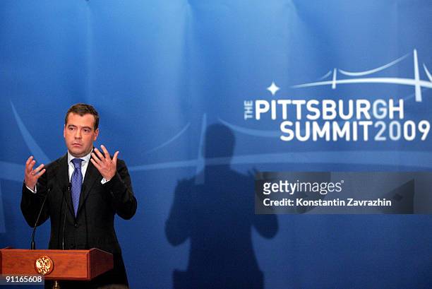Russian President Dmitry Medvedev holds a news conference during the G-20 Summit September 25, 2009 in Pittsburgh, Pennsylvania. Heads of state from...