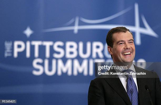 Russian President Dmitry Medvedev holds a news conference during the G-20 Summit September 25, 2009 in Pittsburgh, Pennsylvania. Heads of state from...