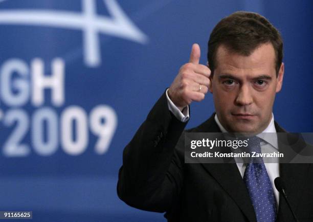 Russian President Dmitry Medvedev holds a news conference during the G-20 Summit September 25, 2009 in Pittsburgh, Pennsylvania. Heads of state from...