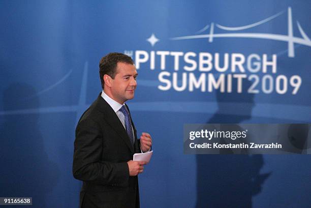 Russian President Dmitry Medvedev holds a news conference during the G-20 Summit September 25, 2009 in Pittsburgh, Pennsylvania. Heads of state from...