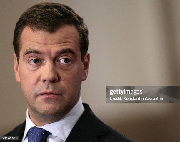 Russian President Dmitry Medvedev holds a news conference during the G-20 Summit September 25, 2009 in Pittsburgh, Pennsylvania. Heads of state from...