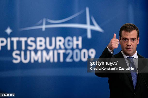 Russian President Dmitry Medvedev holds a news conference during the G-20 Summit September 25, 2009 in Pittsburgh, Pennsylvania. Heads of state from...