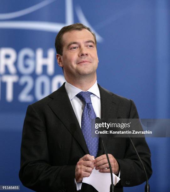 Russian President Dmitry Medvedev holds a news conference during the G-20 Summit September 25, 2009 in Pittsburgh, Pennsylvania. Heads of state from...