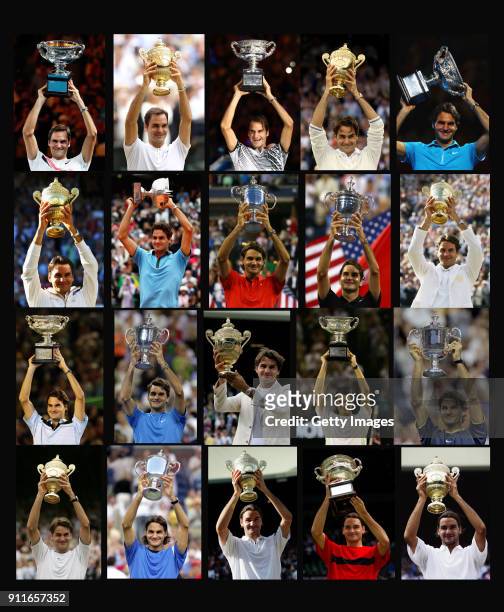 In this composite image , Roger Federer holds up the trophy for each of his twenty men's singles grand slam titles from the first Wimbledon 2003 to...