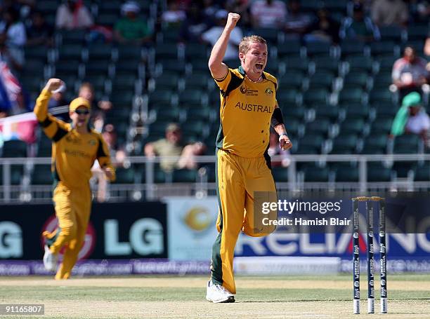 Peter Siddle of Australia celebrates the wicket of Devon Smith of West Indies during the ICC Champions Trophy Group A match between West Indies and...