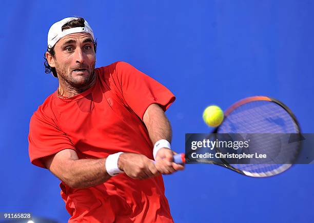 Santiago Ventura of Spain in action against Albert Montanes of Spain during their Semi Final match of the BCR Open Romania at the BNR Arena on...