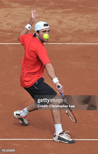 Santiago Ventura of Spain in action against Albert Montanes of Spain during their Semi Final match of the BCR Open Romania at the BNR Arena on...