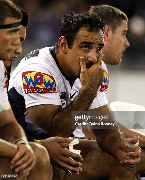 Tonie Carroll of the Broncos looks on from the bench during the second NRL Preliminary Final match between the Melbourne Storm and the Brisbane...