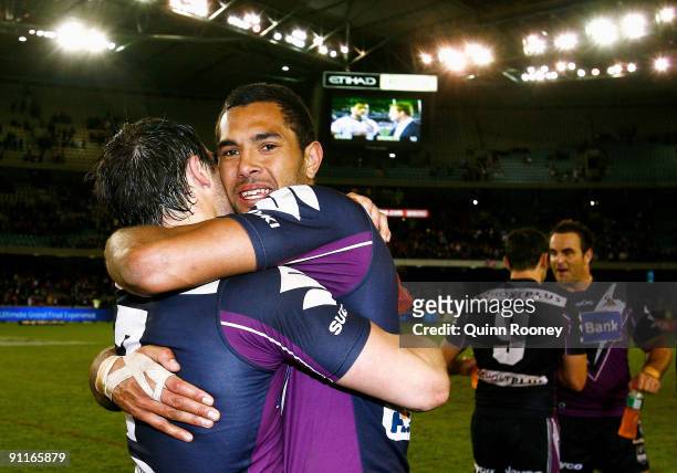 Dane Nielsen and Cooper Cronk of the Storm celebrate after the second NRL Preliminary Final match between the Melbourne Storm and the Brisbane...