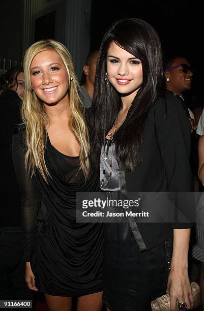 Actresses Ashley Tisdale and Selena Gomez arrive at the 7th Annual Teen Vogue Young Hollywood Party held at Milk Studios on September 25, 2009 in...