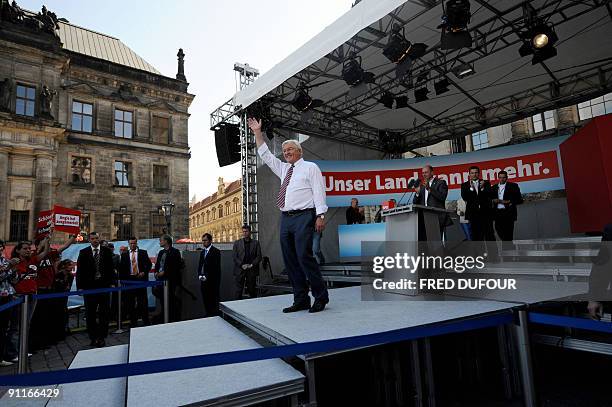 German Foreign Minister and the Social Democrats party main candidate Frank-Walter Steinmeier addresses a SPD election rally in the eastern German...