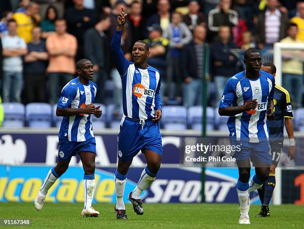 Titus Bramble of Wigan Athletic celabrates scoring during the Barclays Premier League match between Wigan Athletic and Chelsea at DW Stadium on...