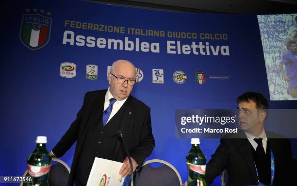 Former FIGC President Carlo Tavecchio and FIGC General Director Michele Uva attend the Italian Football Federation new president elections on January...