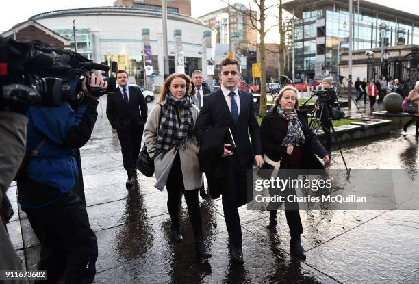 Paddy Jackson arrives at Belfast Laganside courts with family members on January 29, 2018 in Belfast, Northern Ireland. The Ireland and Ulster rugby...