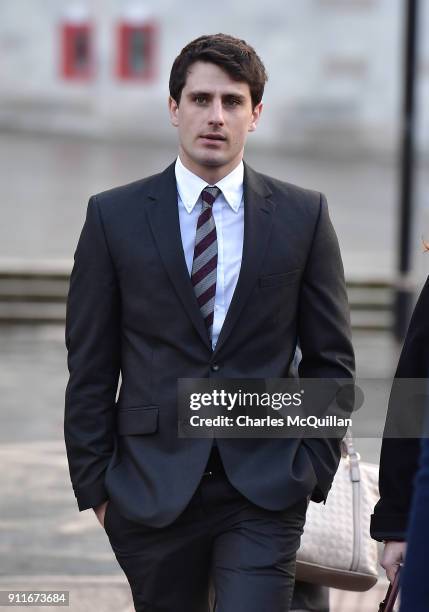 Blane McIlroy arrives at Belfast Laganside courts on January 29, 2018 in Belfast, Northern Ireland. Ireland and Ulster rugby players Paddy Jackson...