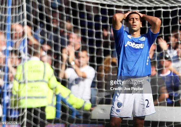 Tal Ben Haim of Portsmouth shows his frustration after the Barclays Premier League match between Portsmouth and Everton at Fratton Park on September...