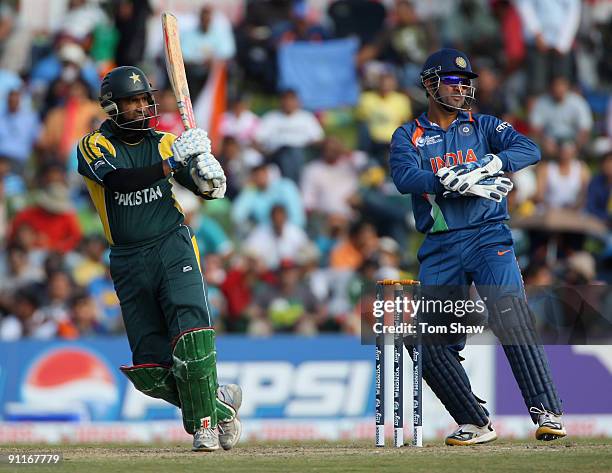 Mohammad Yousuf of Pakistan hits out during the ICC Champions Trophy group A match between India and Pakistan at Centurion on September 26, 2009 in...