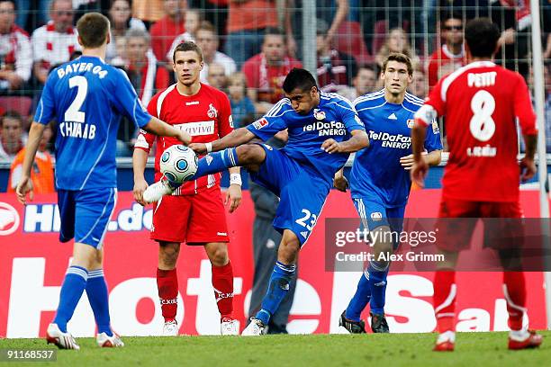 Arturo Vidal of Leverkusen shoots the ball during the Bundesliga match between 1. FC Koeln and Bayer Leverkusen at the Rhein Energie stadium on...