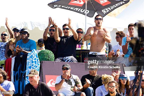 European supporter cheer for wildcard surfer Patrick Bevan of France who won his round 3 heat defeating current ASP World No. 1 Joel Parkinson of...