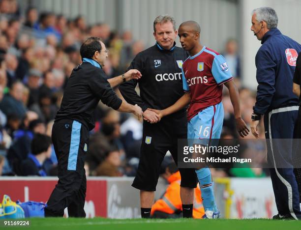 Aston Villa manager Martin O'Neill substitutes Fabian Delph during the Barclays Premier League match between Blackburn Rovers and Aston Villa at...