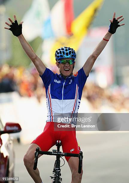 Romain Sicard of France crosses the line to win the Men's Under 23 Road Race at the 2009 UCI Road World Championships on September 26, 2009 in...