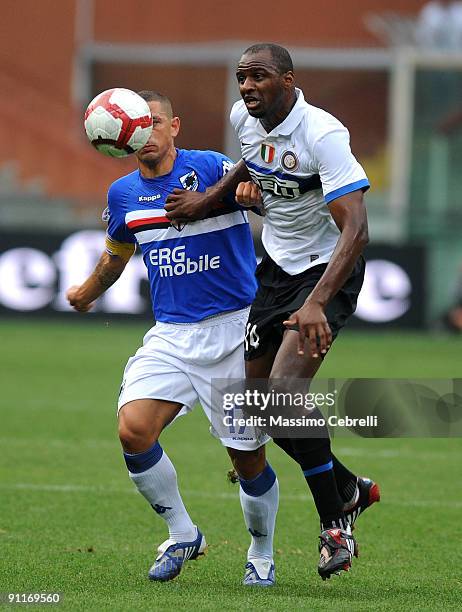 Angelo Palombo of UC Sampdoria and Patrick Vieira of FC Inter Milan compete for the ball during the Serie A match between UC Sampdoria and FC Inter...