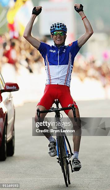 Romain Sicard of France crosses the line to win the Men's Under 23 Road Race at the 2009 UCI Road World Championships on September 26, 2009 in...