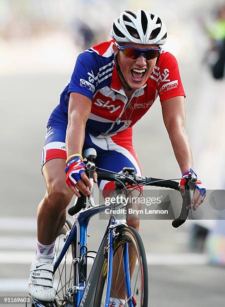 Peter Kennaugh of Great Britain crosses the line to finish 4th in the Men's Under 23 Road Race at the 2009 UCI Road World Championships on September...