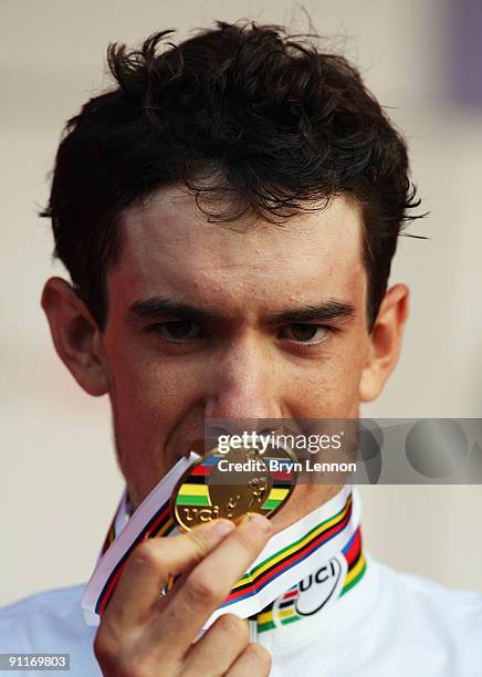 Romain Sicard of France holds up his gold medal after winning the Men's Under 23 Road Race at the 2009 UCI Road World Championships on September 26,...