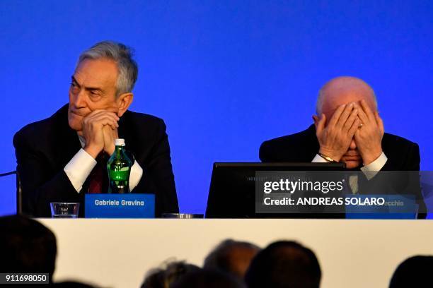 Gabriele Gravina , one of the three candidates to the presidency of the Italian Football Federation , and outgoing FIGC President Carlo Tavecchio...