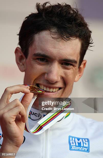 Romain Sicard of France holds up his gold medal after winning the Men's Under 23 Road Race at the 2009 UCI Road World Championships on September 26,...