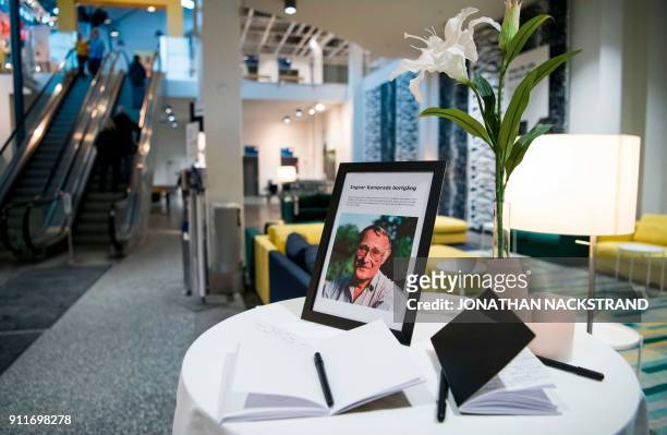 Book of condolences is placed in hounour of founder Ingvar Kamprad at the entrance of an IKEA store in Barkaby near Stockholm on January 29, 2018....