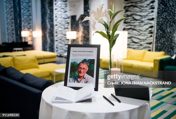 Book of condolences is placed in hounour of founder Ingvar Kamprad at the entrance of an IKEA store in Barkaby near Stockholm on January 29, 2018....