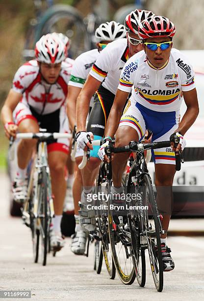 Darwin Atapuma Hurtado of Colombia leads the breakaway group in the Men's Under 23 Road Race at the 2009 UCI Road World Championships on September...